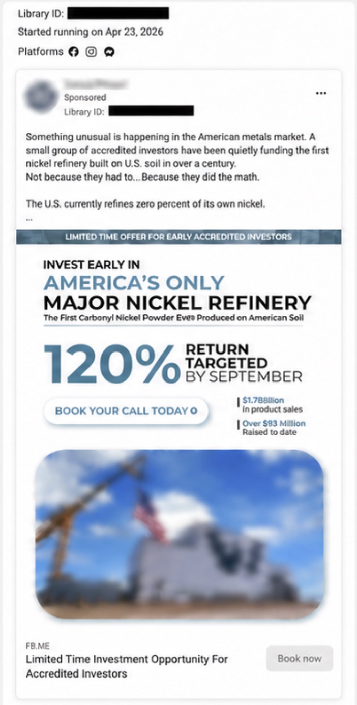 Identity redacted live Meta ad sending accredited investors directly to a booking page