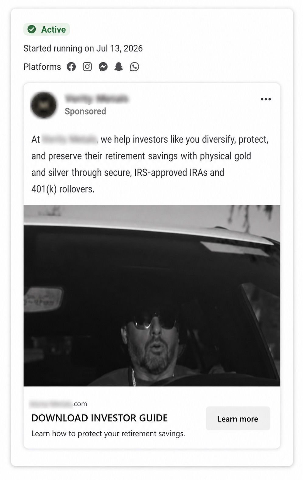 Identity redacted active Meta ad offering a downloadable investor guide