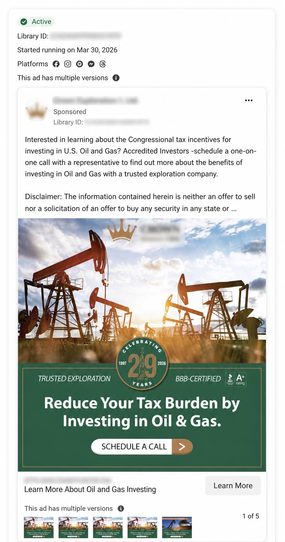 Identity redacted active Meta ad sending visitors to a general company website