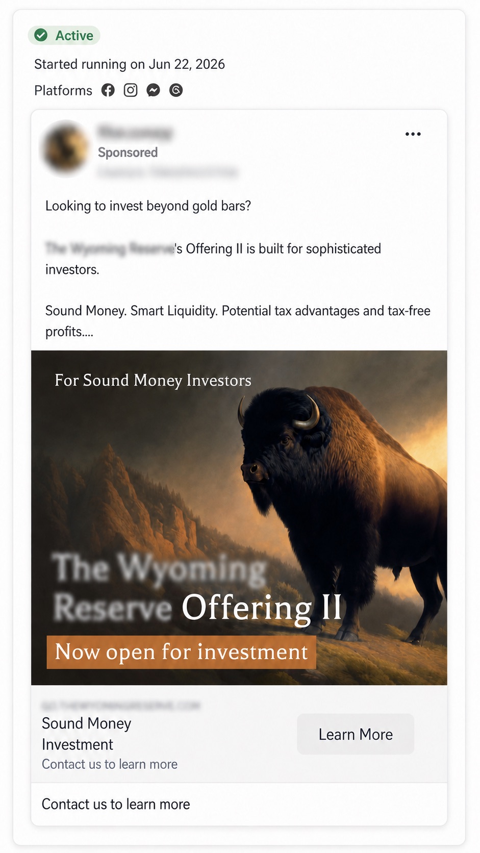 Identity redacted active Meta ad sending visitors to a campaign specific investment page